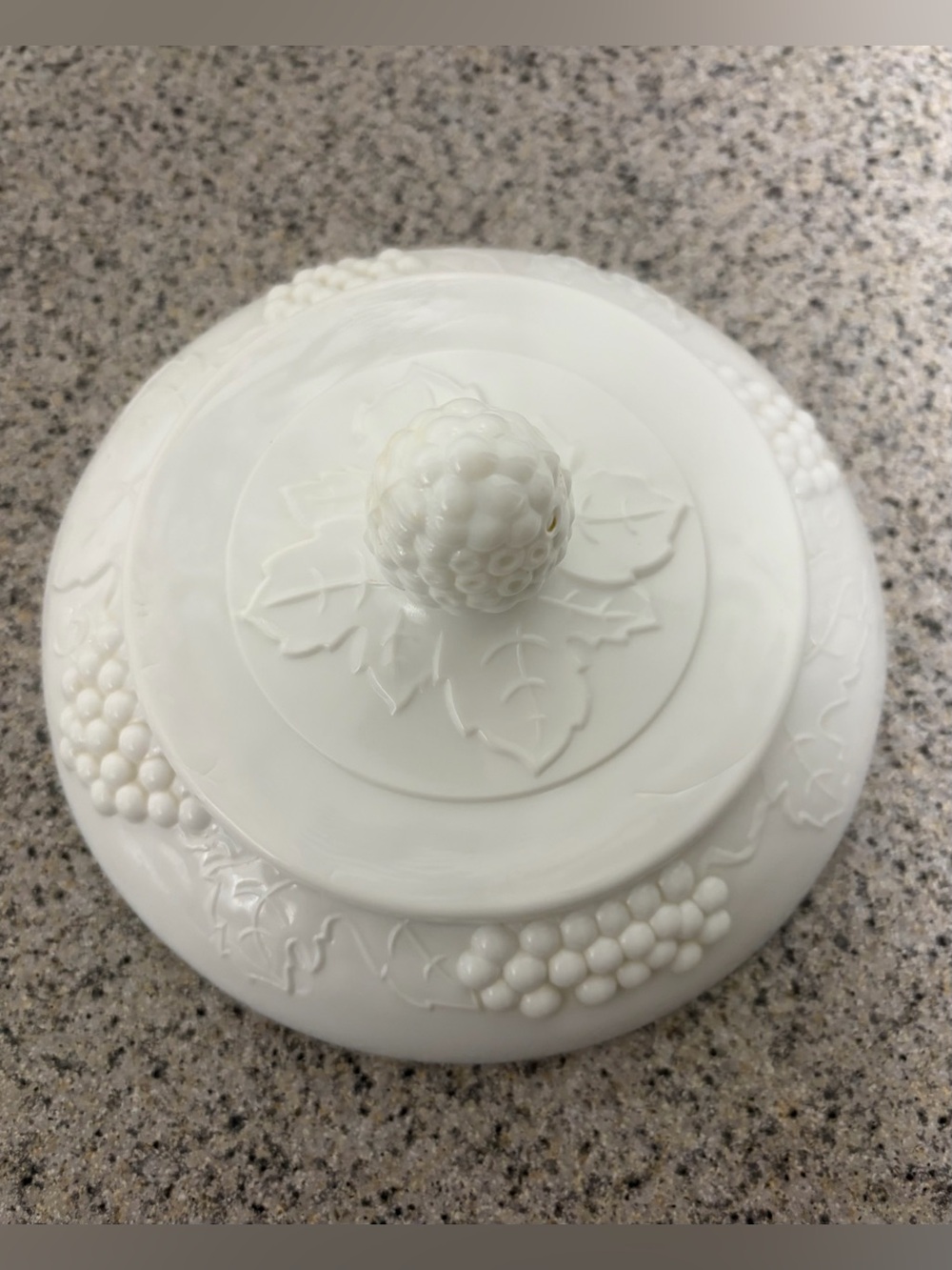White Milk Glass Compote with Grape Leaf Motif - Picture 5 of 10